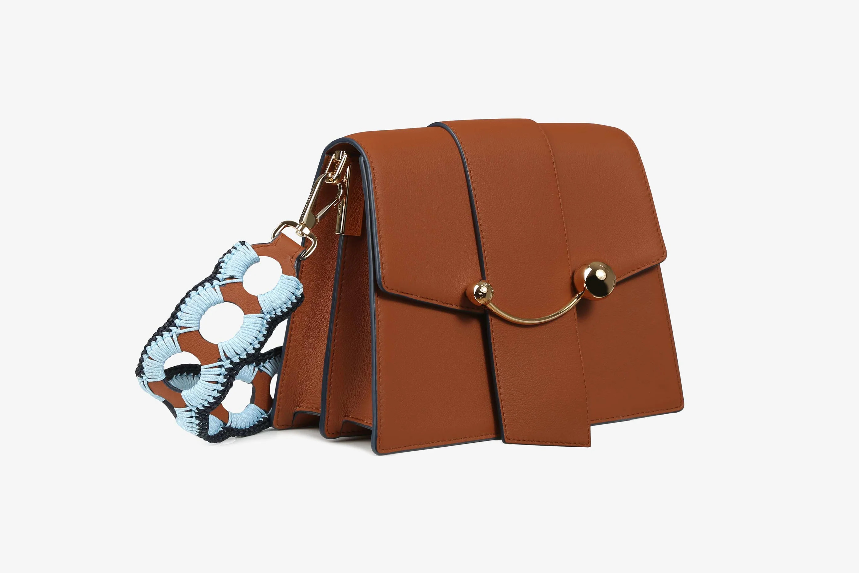 Box Crescent - Chestnut with Navy Edge & Crochet Strap | Strathberry