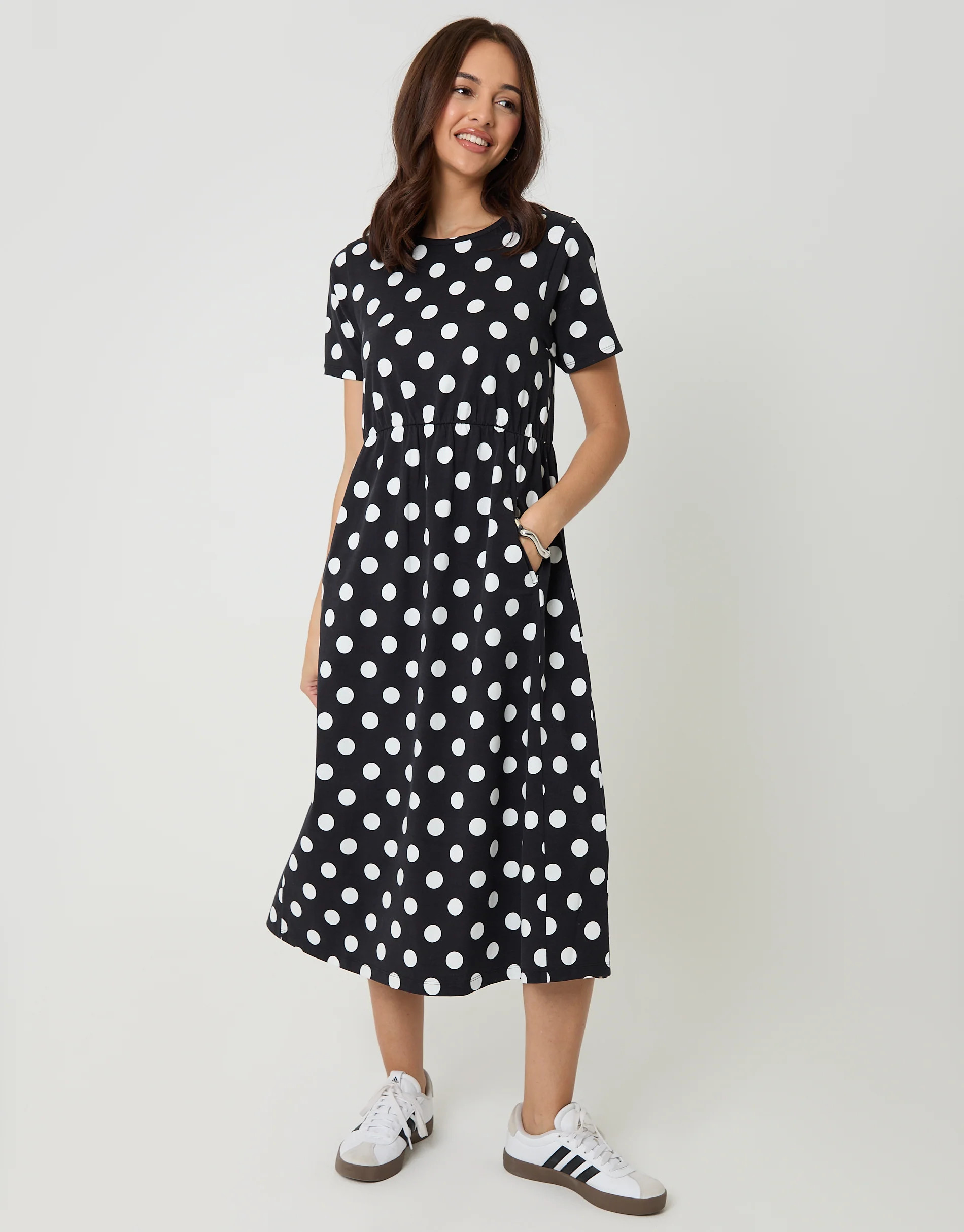 Black Polka Dot Jersey Midi Smock Dress with Pockets | Threadbare