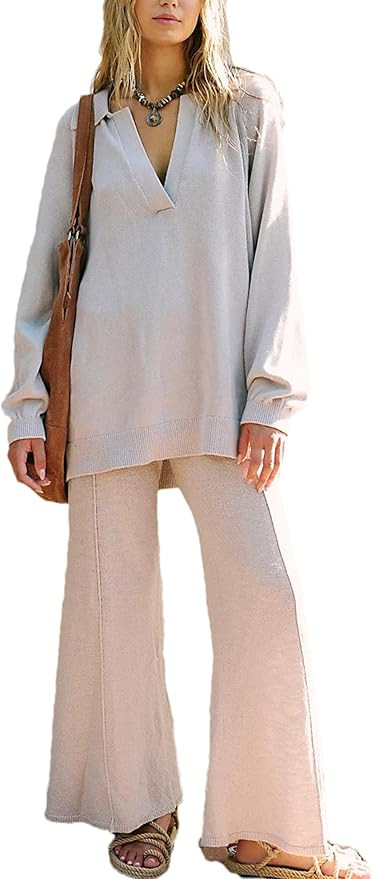 Womens Two Piece Sets Casual Long Sleeve V Neck Knit Pullover Top Wide Leg Pants Sweatsuit Lounge... | Amazon (US)
