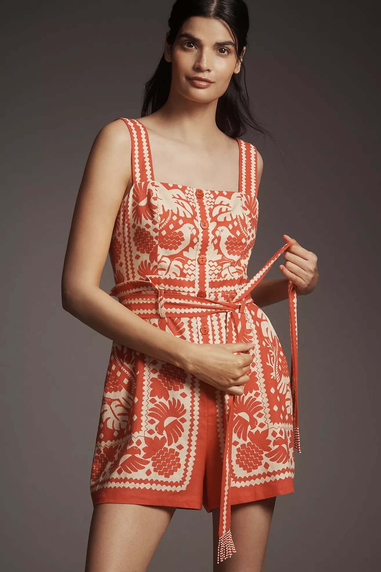 Farm Rio x Anthropologie Linen Blend Tie-Waist Romper | Anthropologie (US)