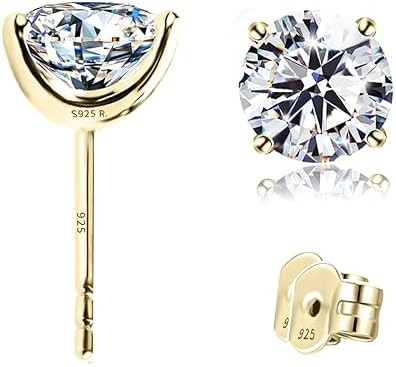 "STUNNING FLAME" Solid 14K Gold Post & Sterling Silver Round Cut Cubic-Zirconia Stud CZ Earrings ... | Amazon (US)