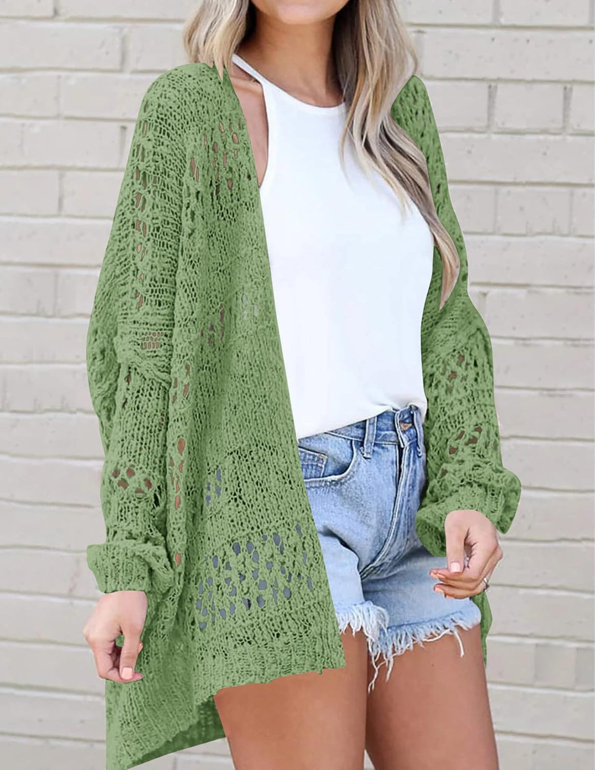 ZESICA Women's Long Batwing Sleeve Open Front Crochet Hollow Out Lightweight Oversized Knit Cardi... | Amazon (US)
