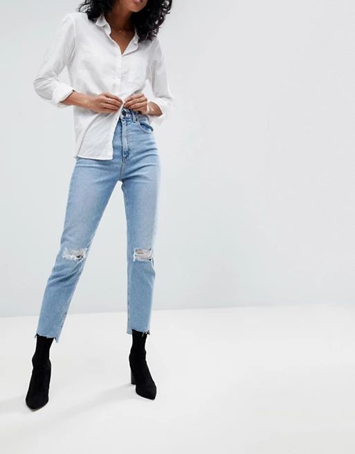 ASOS DESIGN Farleigh high waist slim mom jeans in light vintage wash with busted knee and rip & repa | ASOS US