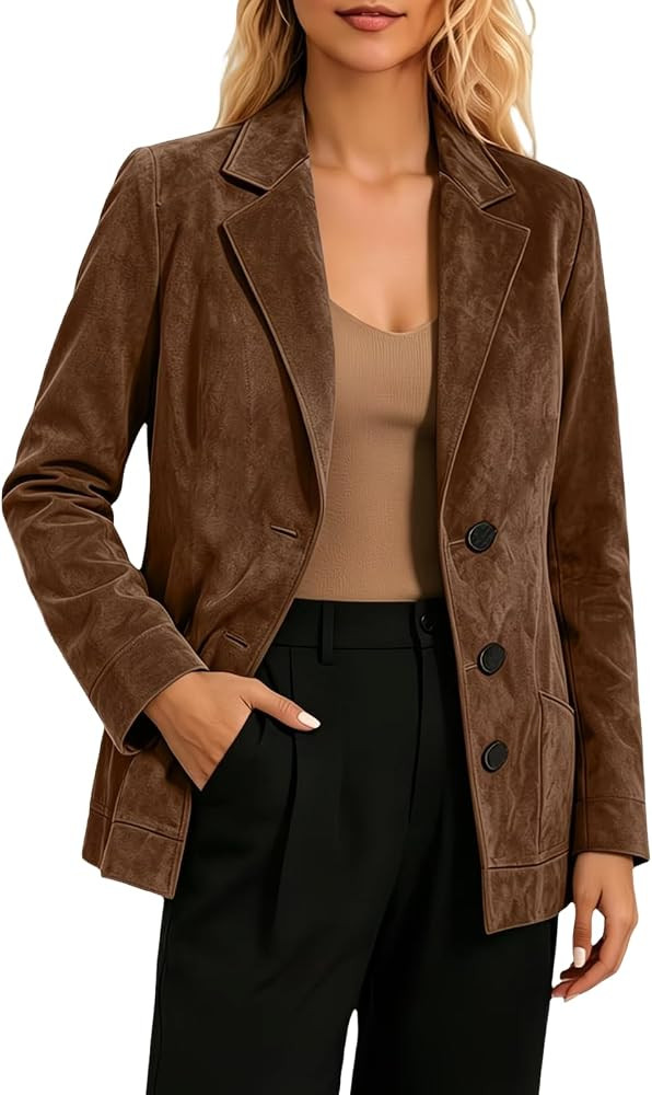 Women's Faux Suede Blazer Lapel Collar Casual Suit Jacket Coats | Amazon (US)