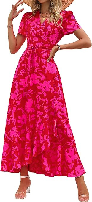 PRETTYGARDEN Women's Boho Floral Maxi Dress Summer Short Sleeve Wrap V Neck Long Flowy Beach Vaca... | Amazon (US)