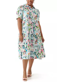 Plus Size Short Sleeve Tiered Linen Shirtdress | Belk