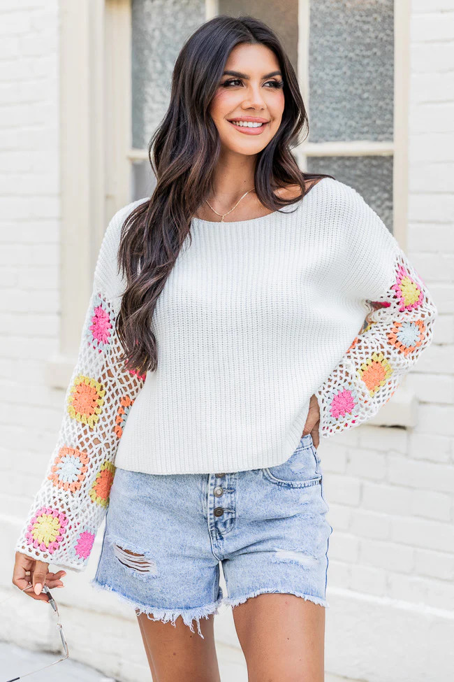 Something To Tell Ivory Bright Multi Crochet Sleeve Sweater | Pink Lily