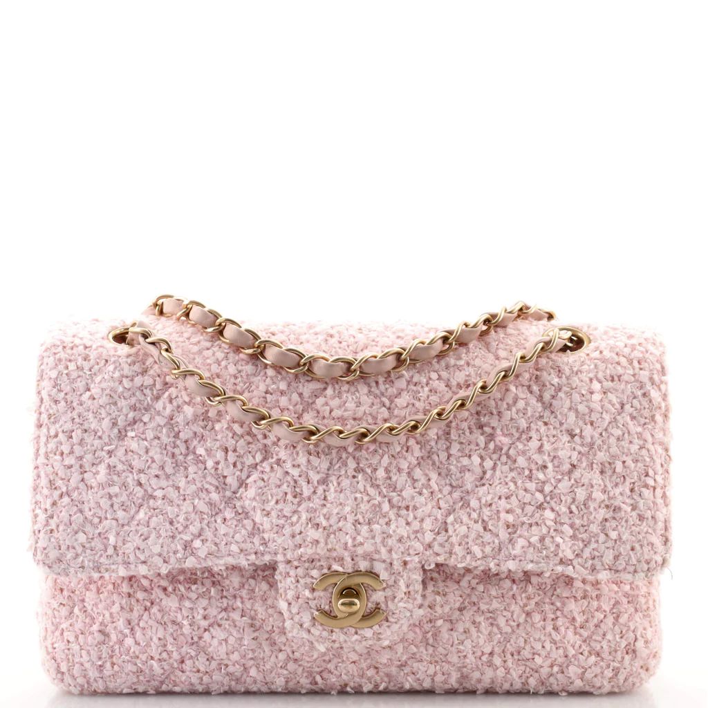 Chanel Vintage Classic Double Flap Bag Quilted Tweed Medium Pink 163115157 | Rebag