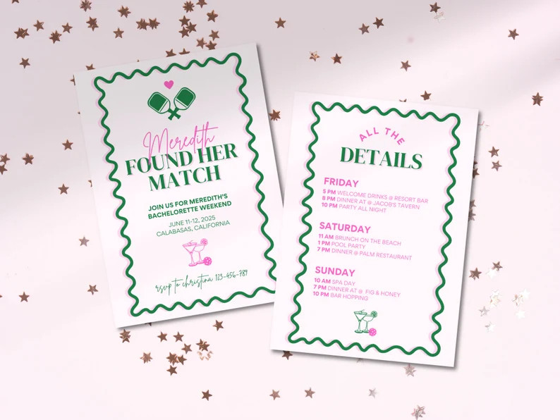 She Found Her Match, Pickle Ball Inspired Bachelorette Party Invitation and Itinerary Customizabl... | Etsy (US)