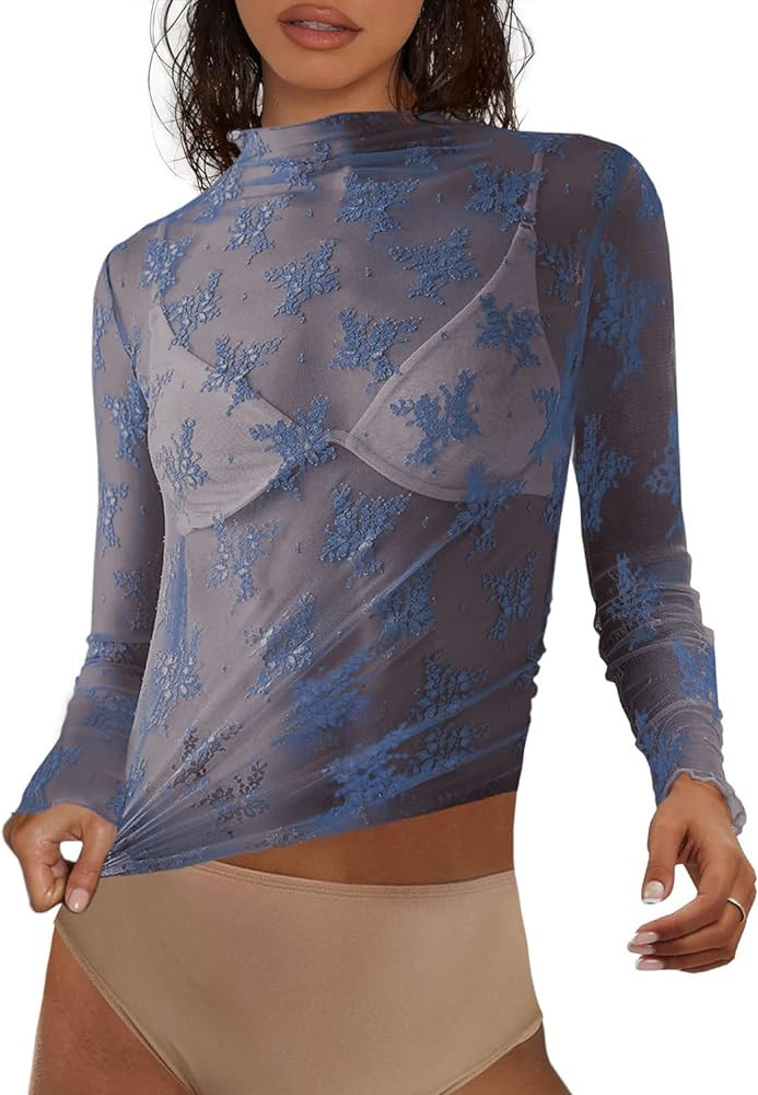 SENSERISE Womens Lace Layering Top Long Sleeve Tops Sheer Mesh Mock Neck Floral Embroidery See Th... | Amazon (US)