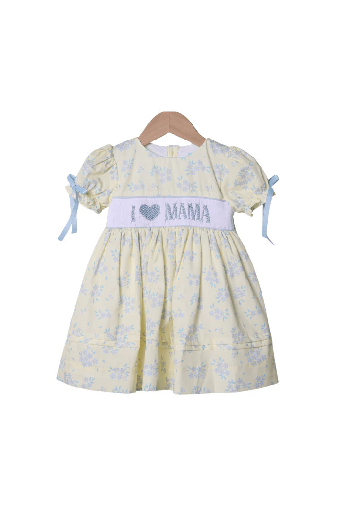 Smocked I Love Mama Yellow and Blue Floral Dress | The Smocked Flamingo