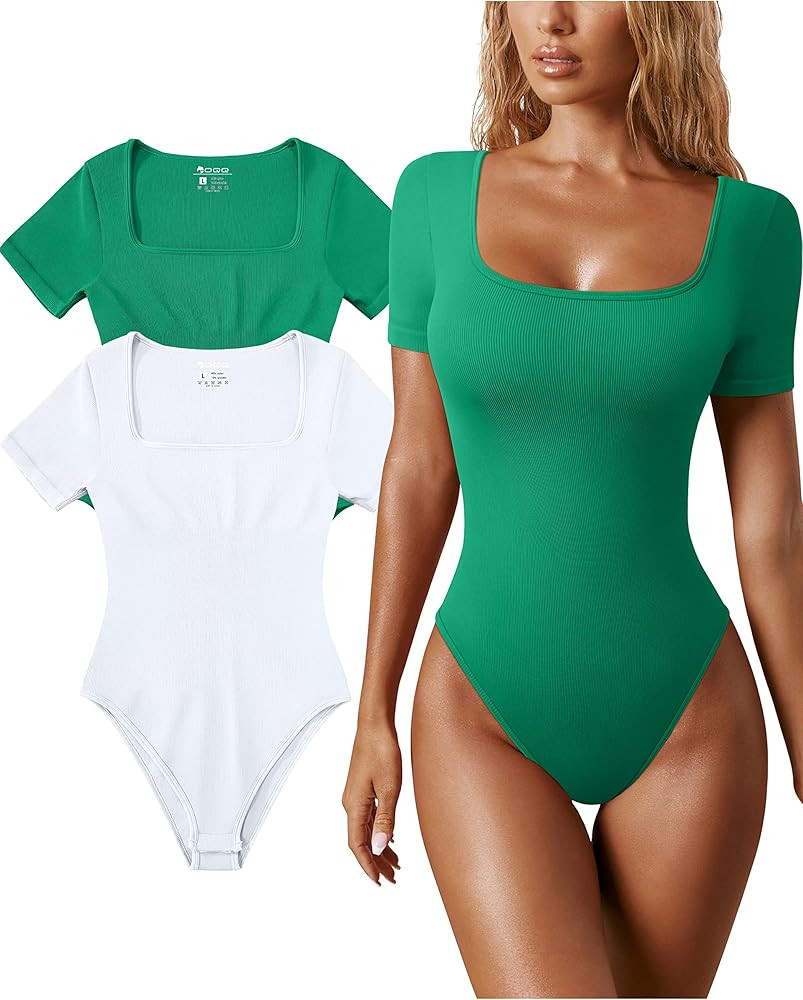 OQQ Women's 2 Piece Bodysuits Sexy Ribbed One Piece Square Neck Short Sleeve Bodysuits | Amazon (US)