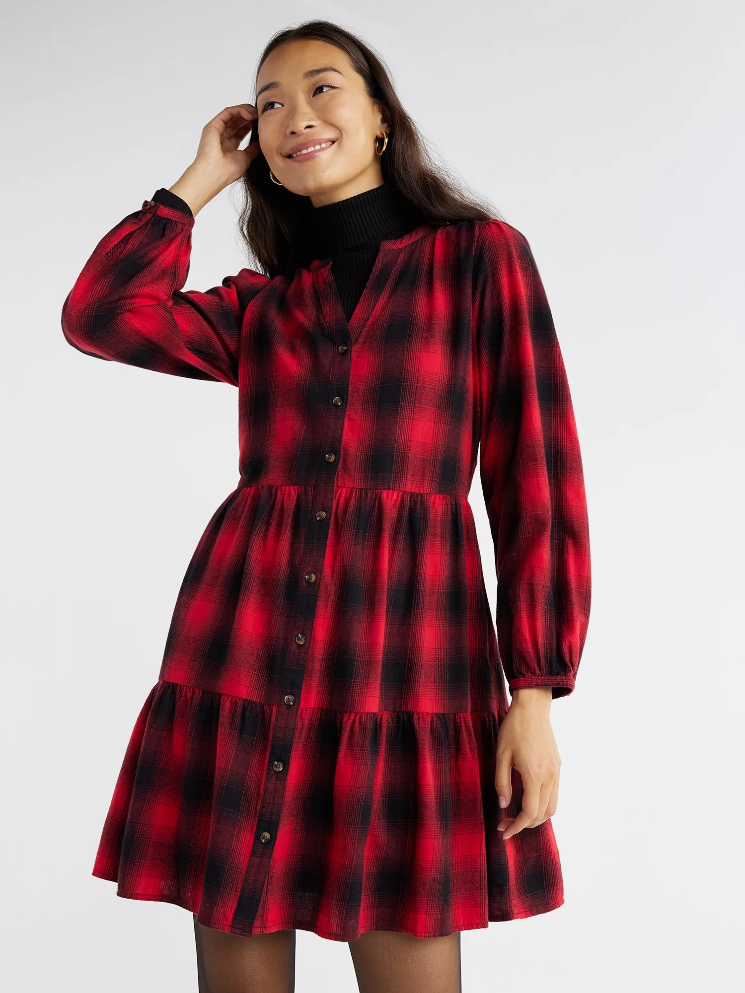 Time and Tru Women's Tiered Plaid Shirtdress with Puff Sleeves, Sizes XS-XXXL - Walmart.com | Walmart (US)