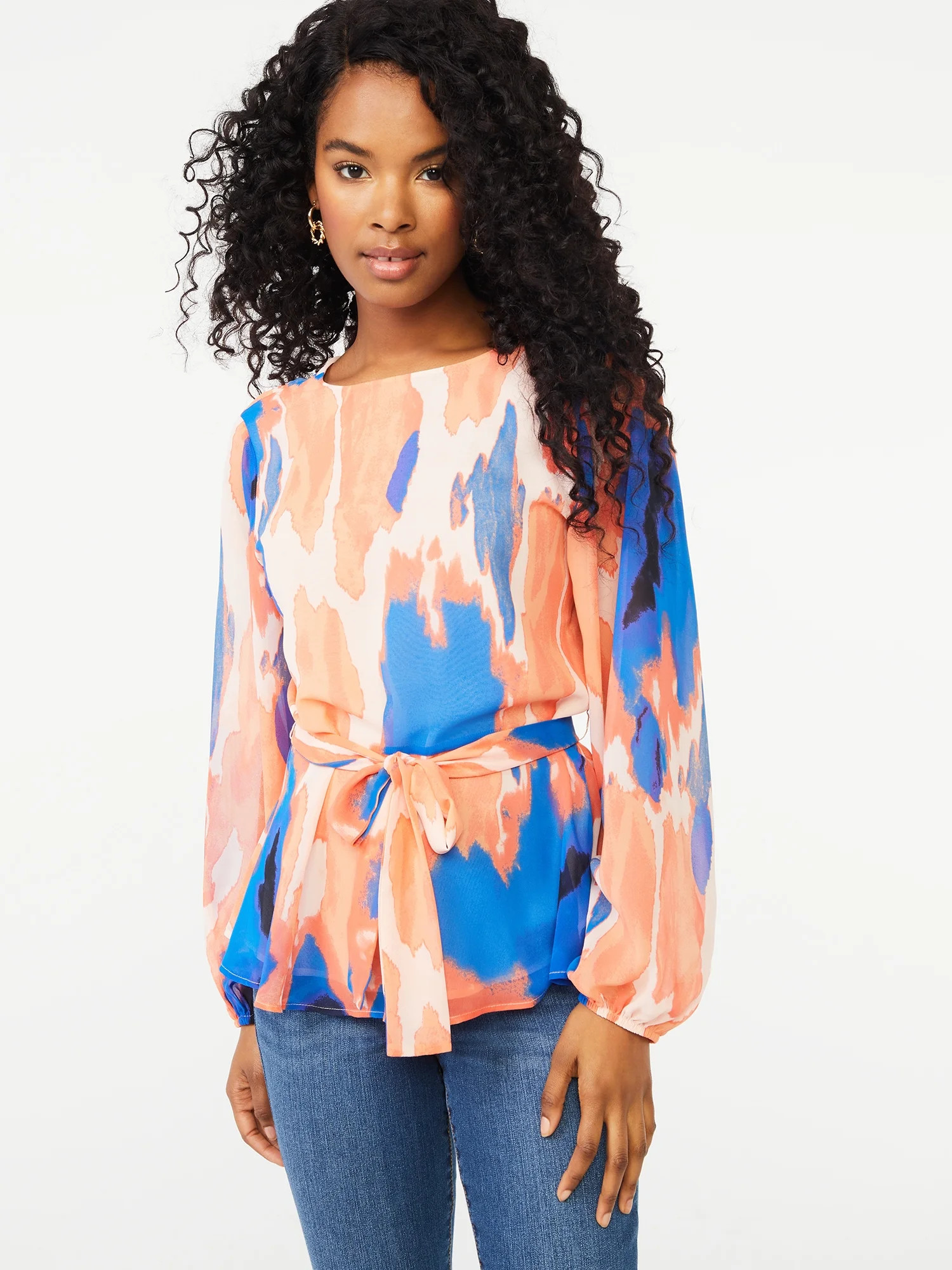 Scoop Women's Long Sleeve Crew Neck Blouse with Tie at Waist - Walmart.com | Walmart (US)