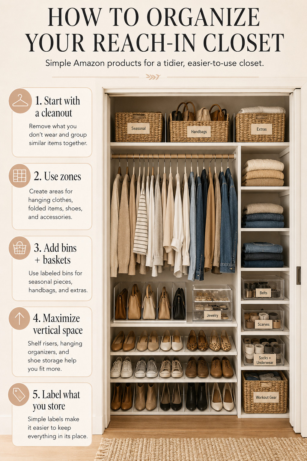 Reach-in closet refresh ✨

If your closet feels crowded or hard to keep up with, these simple organization finds make such a difference, labeled baskets, clear bins, shoe storage, shelf risers, and drawer organizers to help everything have a home.

I love the idea of creating zones for hanging clothes, folded items, shoes, handbags, accessories, and seasonal extras so it’s easier to find what you need and keep it tidy.

Linking my favorite Amazon closet organization finds in LTK! 🤍

#LTKHome #LTKFindsUnder50 #LTKStyleTip #LTKFamily #ClosetOrganization #HomeOrganization #AmazonFinds #ClosetRefresh #SmallSpaceOrganization #OrganizedHome 

 