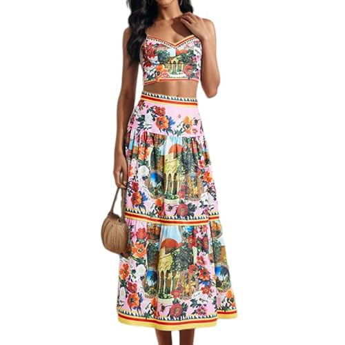 Amazon.com: ksotutm Womens 2 Piece Skirt Sets Floral Summer Outfits Halter Tops High Wasit Maxi S... | Amazon (US)