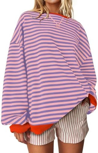 UEU Women Oversized Striped Crewneck Sweatshirt Long Sleeve Color Block Pullover Tops Casual Loos... | Amazon (US)
