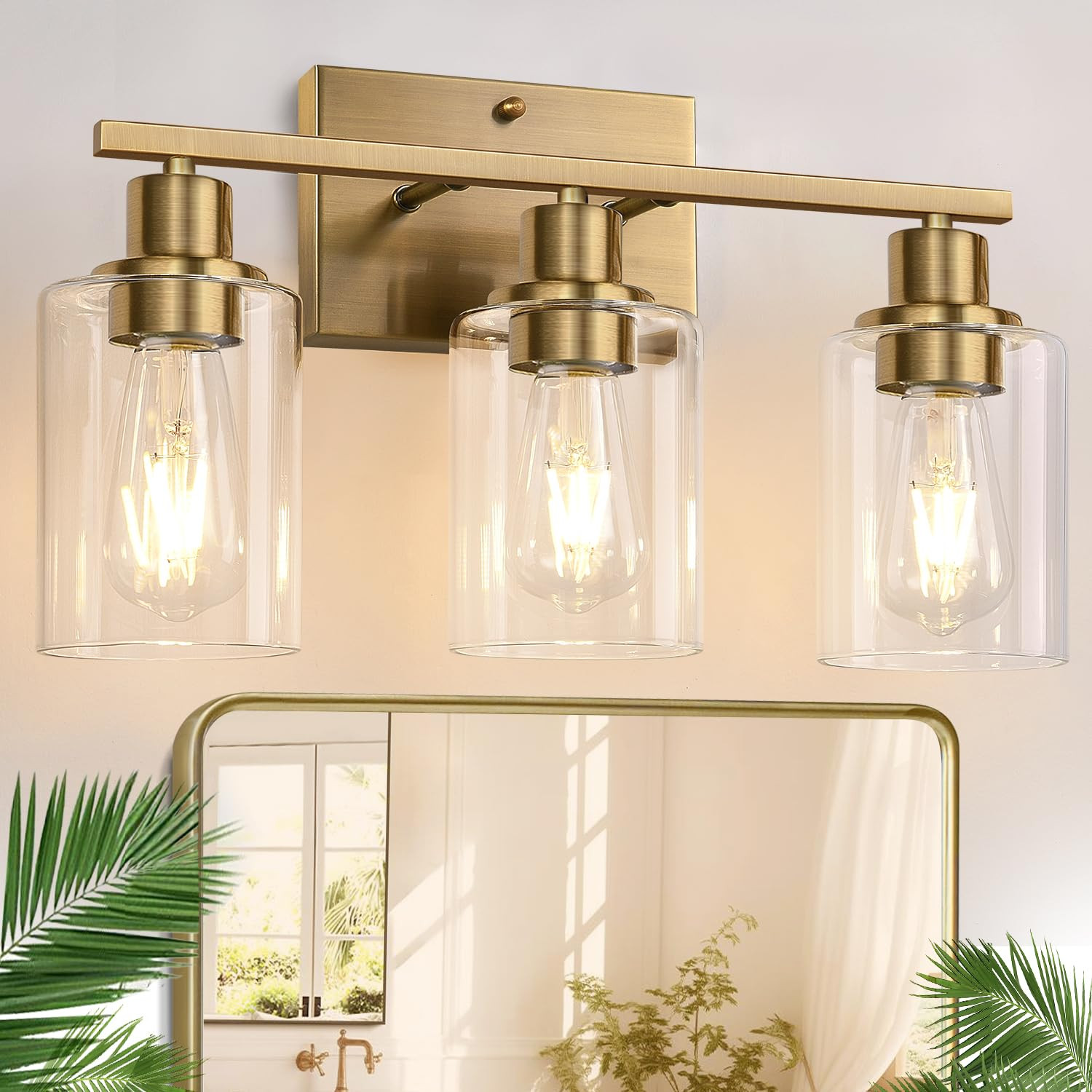 Indoi 3 Light Bathroom Light Fixtures, Brass Vanity Lights for Bathroom with Clear Glass Shades, ... | Amazon (US)