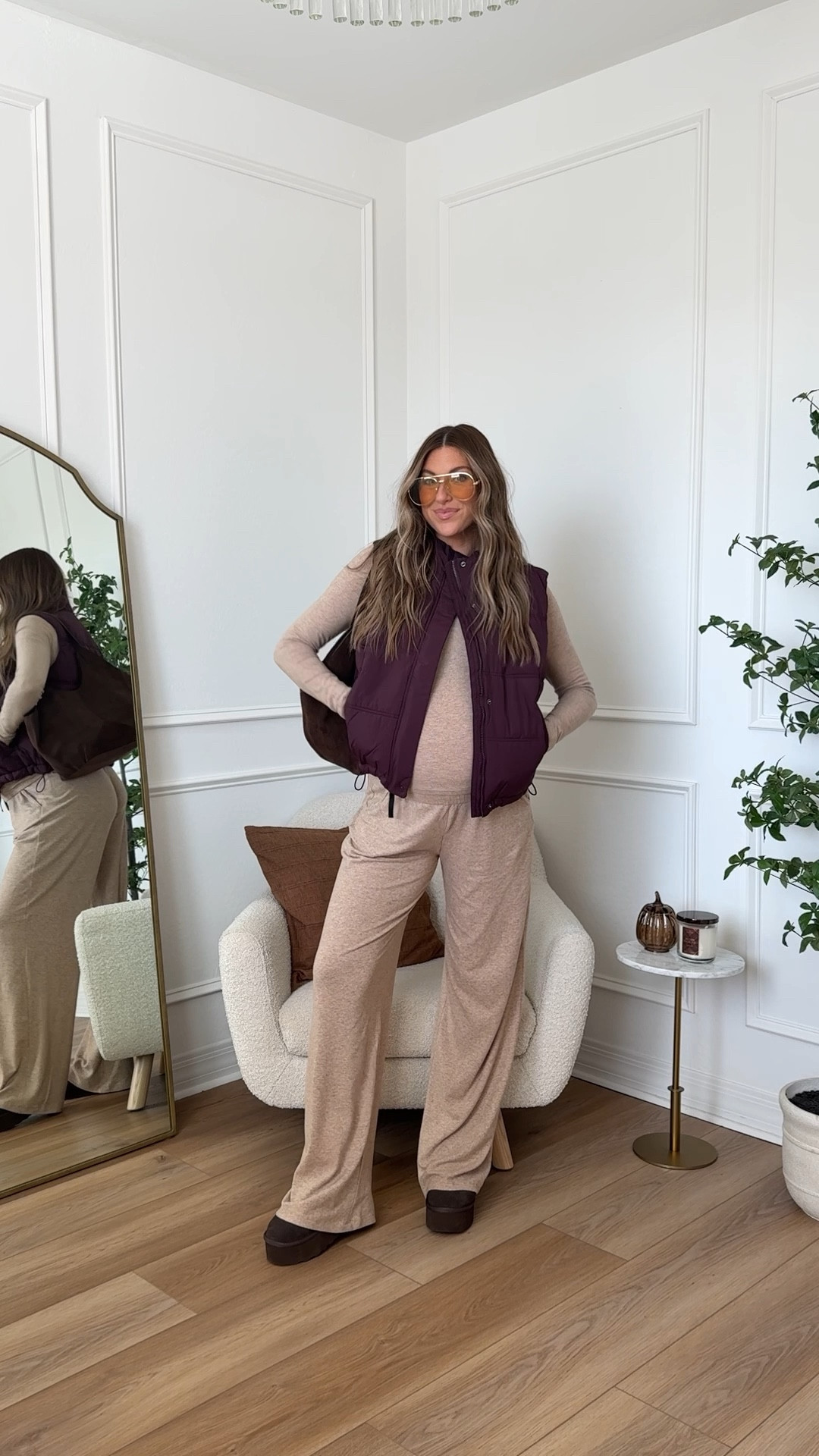 Comfy fall outfit that’s also bump friendly! I’m wearing a small tall in the pants and small In the top. I got a medium in the vest 