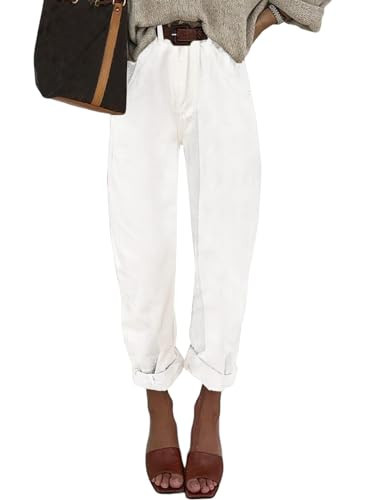 Astylish Women White Jeans High Waisted Casual Loose Boyfriend Cropped Mom Baggy Denim Pants White Size 14 | Amazon (US)
