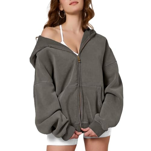 Dnzzs Womens Zip Up Hoodie Oversized Acid Wash Sweatshirts Heavyweight Fall Fashion Outfits Casual Jackets Winter Clothes,Grey,X-Small | Amazon (US)