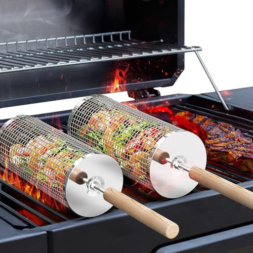 Amazon.com: ivtivfu Rolling Grill Basket, Removable Wooden Handle, 304 Stainless Steel, Nesting B... | Amazon (US)