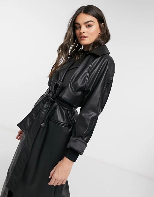Weekday Elli faux leather trench coat in black | ASOS (Global)