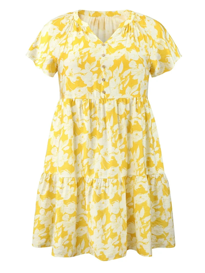 GRACE & GRANDEUR Women's Plus Size Easter Floral Print Dress Button Decor Notch Neck Ruffle Sleev... | Walmart (US)