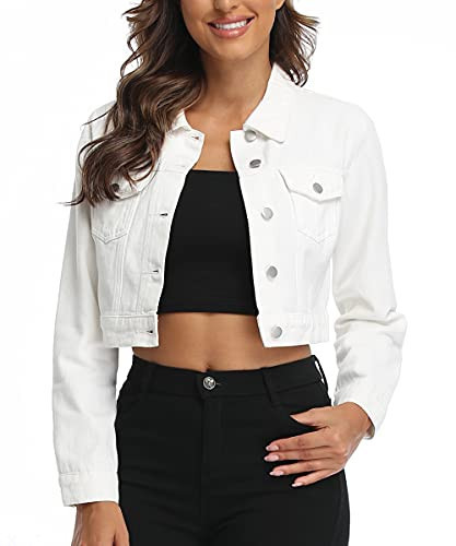 PEIQI Women’s White Cropped Jean Denim Jacket Button Down Long Sleeve with Pockets Small | Amazon (US)