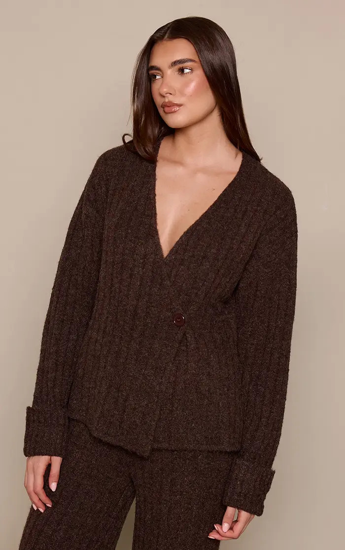 Chocolate Knit Turn Up Cuff Cardigan | PrettyLittleThing UK