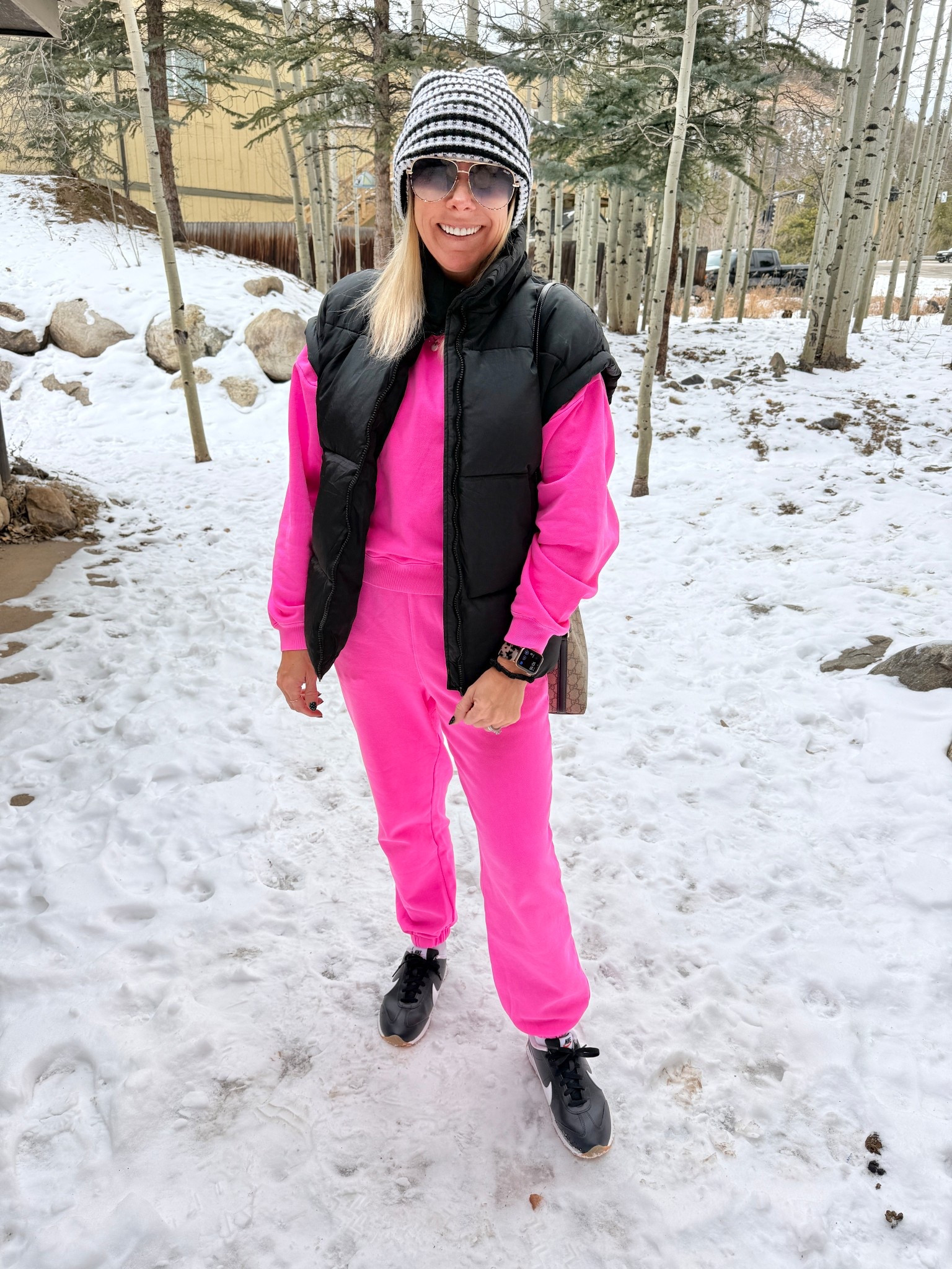 Size XS hot pink sweatpants and sweatshirt. Small black vest. Nikes run tts in the 8. Exact FP hat sold out. Linked similar one 

#LTKActive #LTKTravel #LTKSeasonal