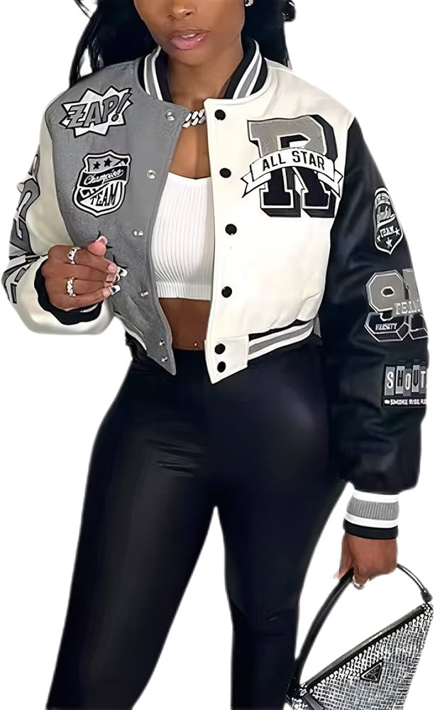VOIKERDR Varsity Jacket Women Print Casual Jacket Button Collar Baseball Uniform Jackets for Wome... | Amazon (US)