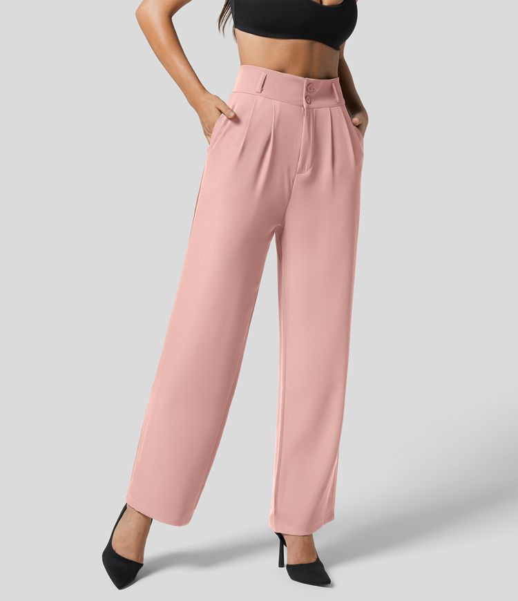 High Waisted Button Zipper Plicated Side Pocket Shirred Straight Leg Work Suit Pants | HALARA