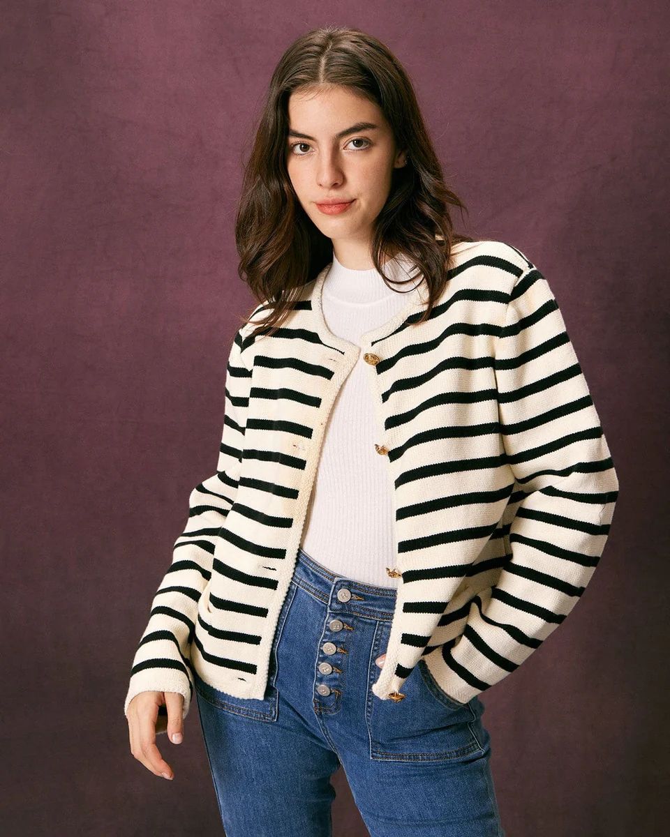 The Beige Round Neck Button Striped Cardigan & Reviews - Beige - Tops | RIHOAS | rihoas.com