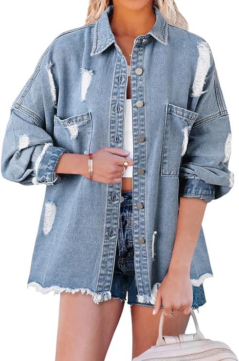 EVALESS Jean Jacket for Women Distressed Frayed Denim Jacket Ladies Ripped Stretchy Jacket With P... | Amazon (US)