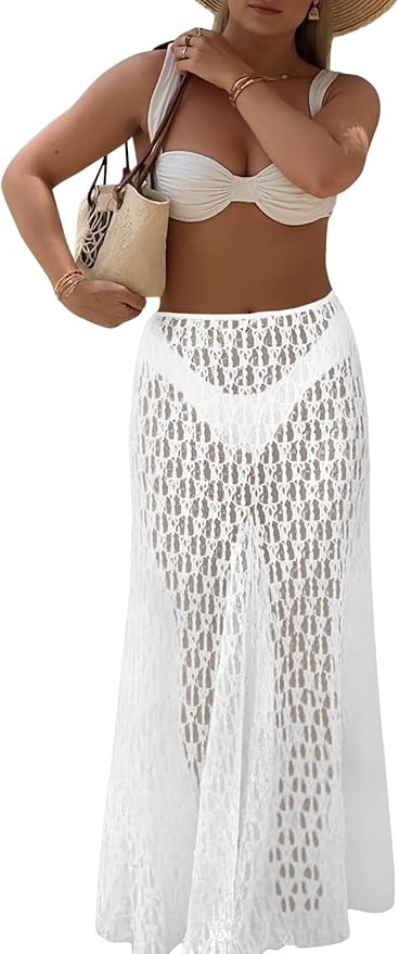 Fisoew Womens Lace Maxi Skirt Summer Sheer High Waist Casual A Line Flowy Y2K Beach Vacation Cove... | Amazon (US)