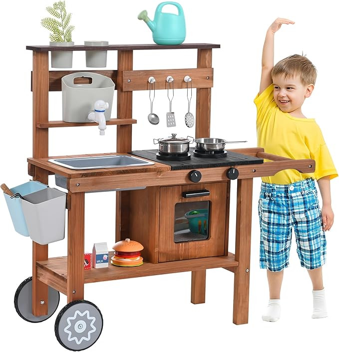 OLLIKIVI Mud Kitchen for Kids Outdoor, Wooden Play Kitchen with Removable Sink, Faucet, Storage S... | Amazon (US)