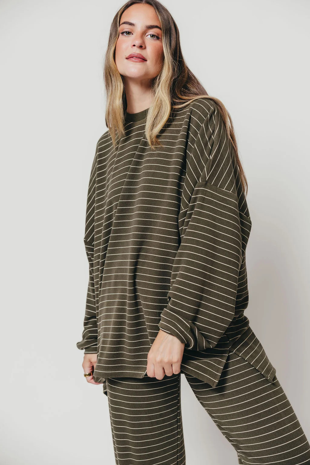 Naomi Thin Striped Oversized ButterFleece Long Sleeve Top in Olive/Cre | Worth Collective