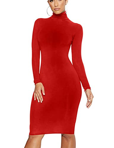 Women's Casual Long Sleeve Bodycon Sexy Turtleneck Midi Club Party Pencil Dresses, Large, Red | Amazon (US)