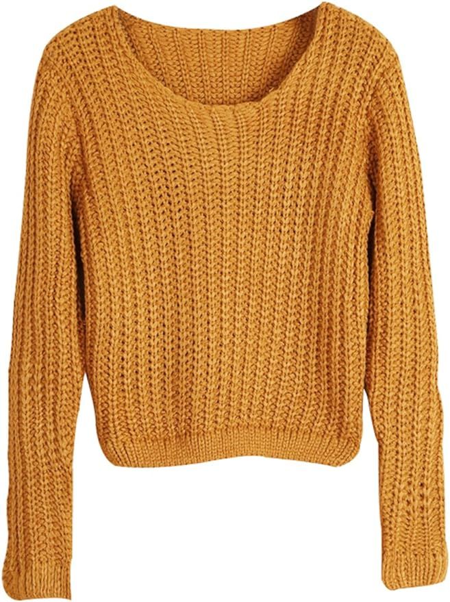 Aphratti Women's Long Sleeve Crochet Crop Top Pullover Knit Sweater | Amazon (US)