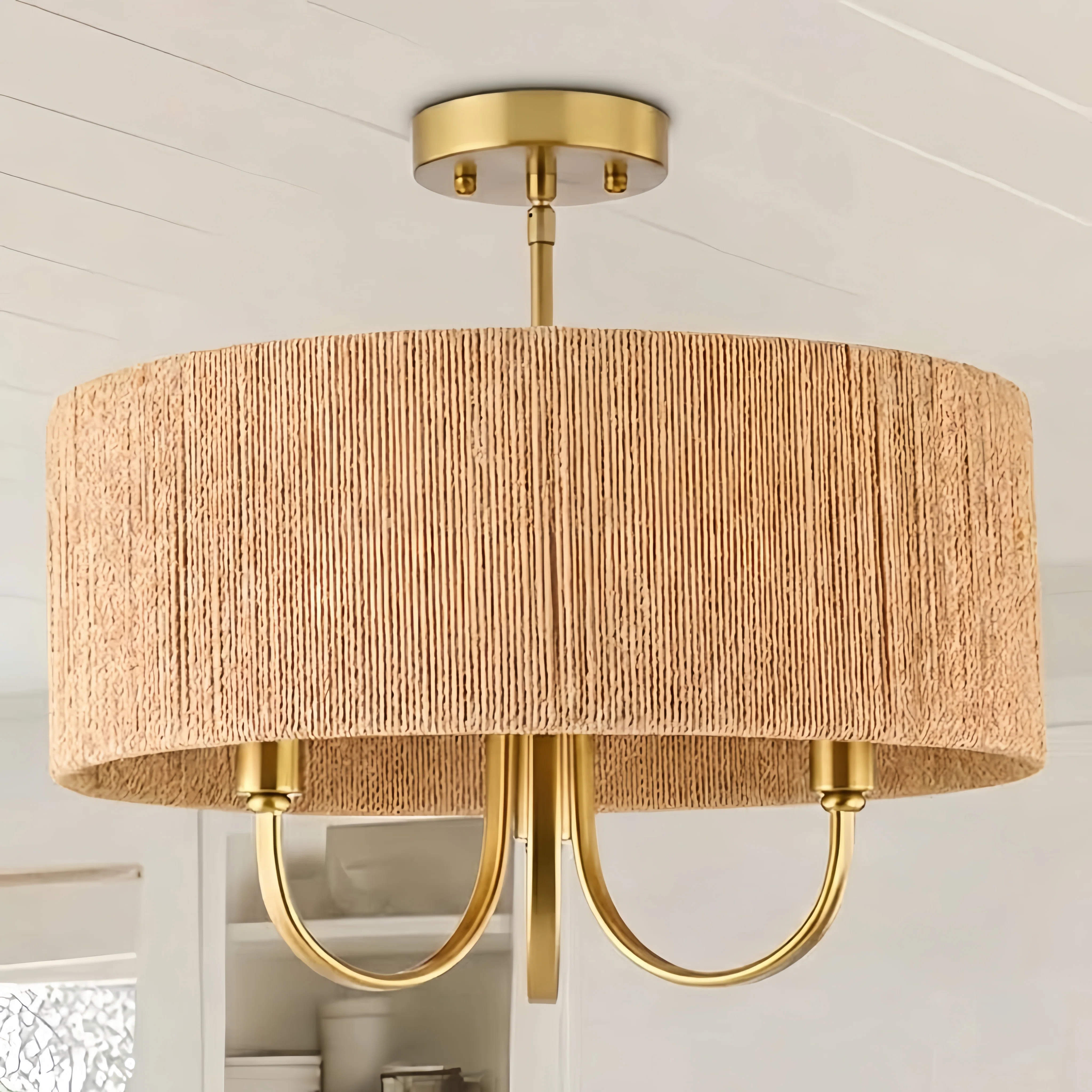 Stephane 3-Lights 17.71 "Gold + Wood Premium Vintage Drum Semi Flush Mount with Fabric Accent Sui... | Wayfair North America