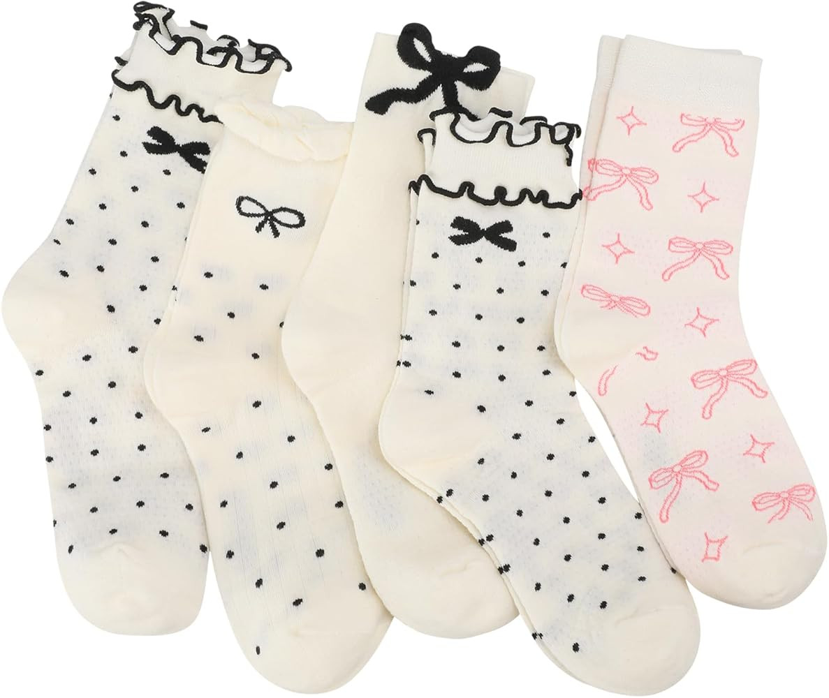 Jspupifip 5 Pairs Women Ruffle Bow Socks Cute Casual Ankle Crew Socks Soft Breathable Fashion Fri... | Amazon (US)