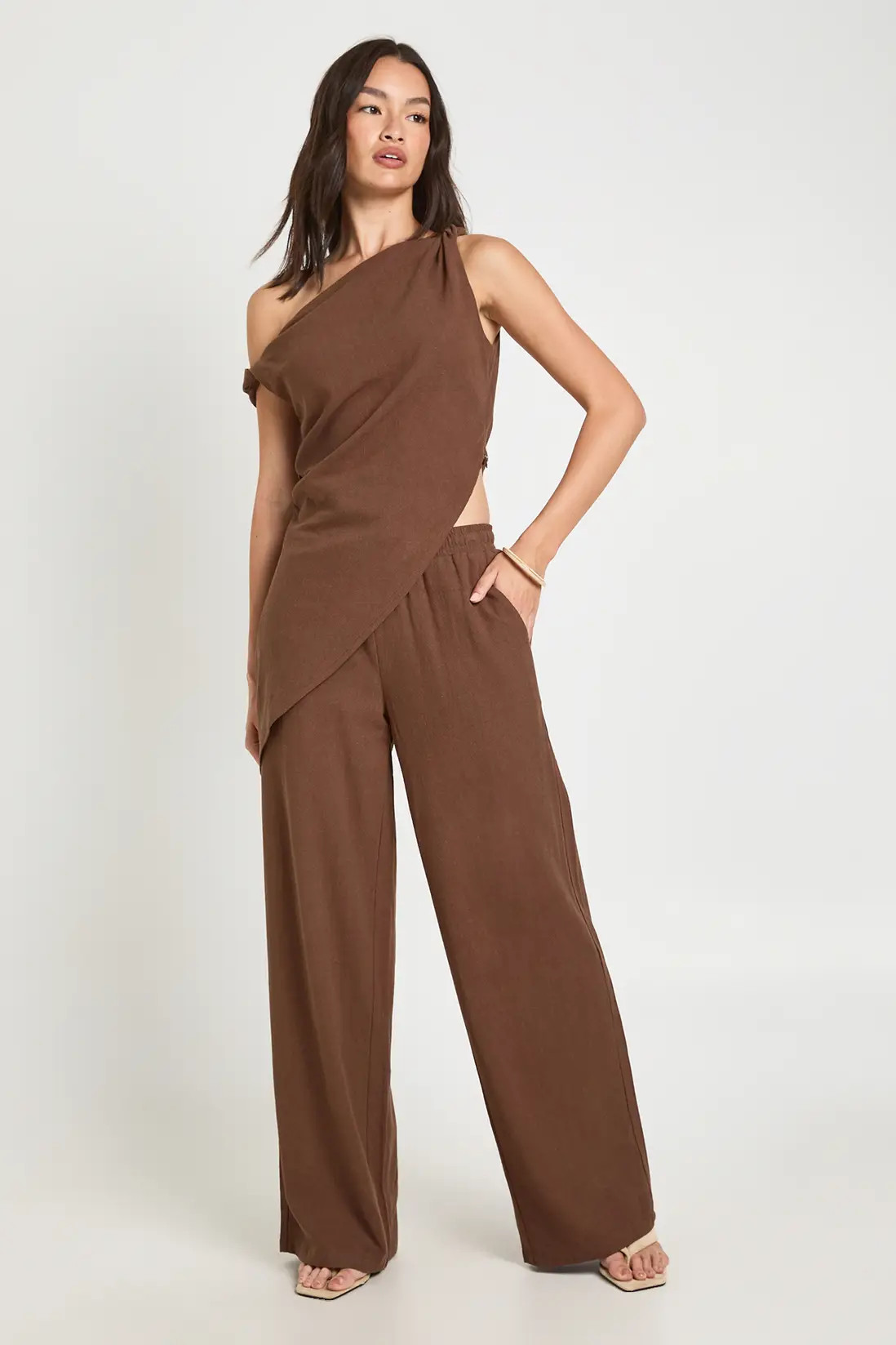 Mocha Linen Drawstring Waist Trousers | Boohoo | Boohoo.com (UK & IE)
