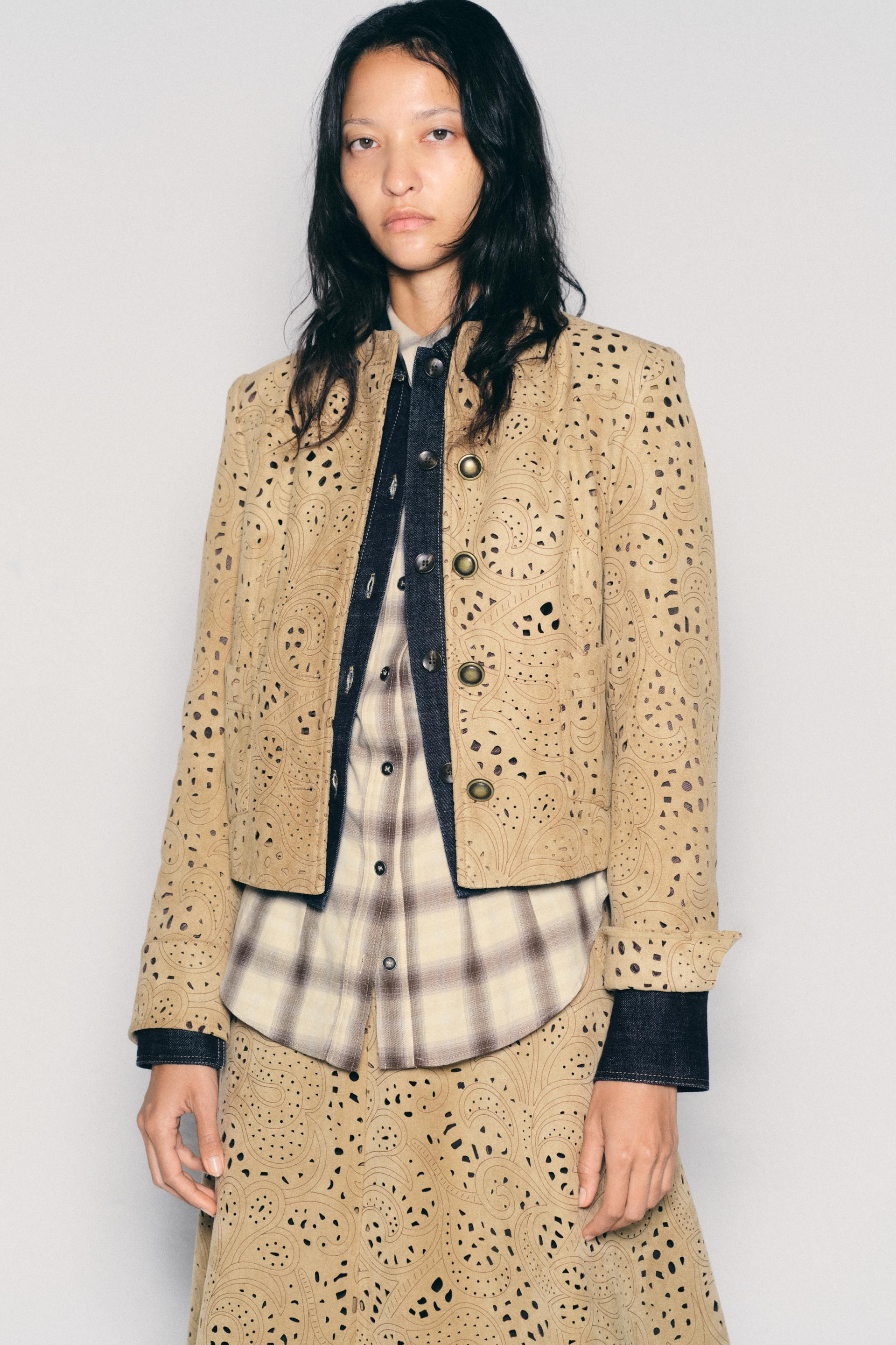 Zara - Faux Suede Perforated Blazer - Mid-Camel - L - Woman | Zara US