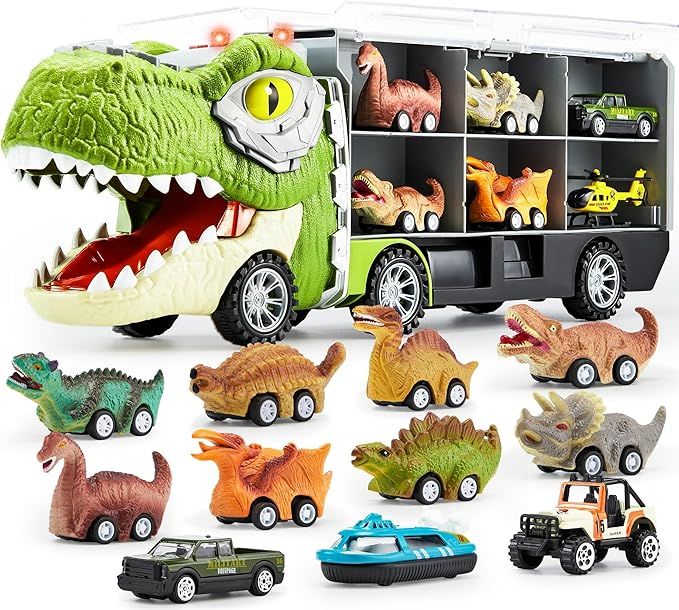 JOYIN 13 in 1 Dinosaur Toys for Kids 3-5, Dinosaur Truck with 12 Pull Back Cars, Dinosaur Cars Se... | Amazon (US)