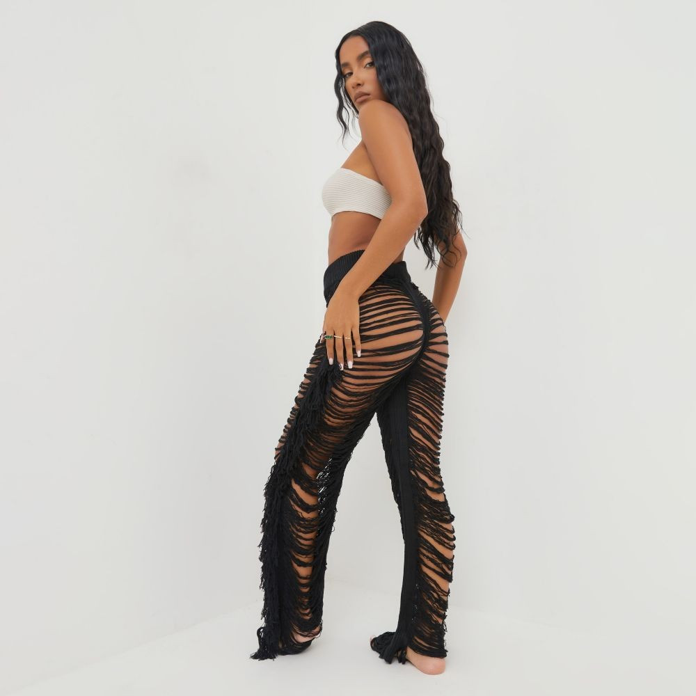 High Waist Extreme Frayed Straight Leg Trousers In Black Knit | EGO Shoes (US & Canada)