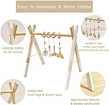 Wooden Baby Play Gym, PgUp Foldable Baby Gym with 4 Wooden Baby Hanging Toys for Play & Learn, Ba... | Amazon (US)