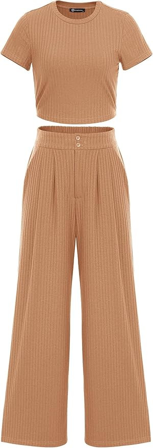 Pretty Garden Womens 2 Piece Summer Knit Short Sleeve Crop Tops Wide Leg Pants Tracksuit | Amazon (US)