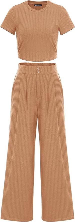 Pretty Garden Womens 2 Piece Summer Knit Short Sleeve Crop Tops Wide Leg Pants Tracksuit | Amazon (US)