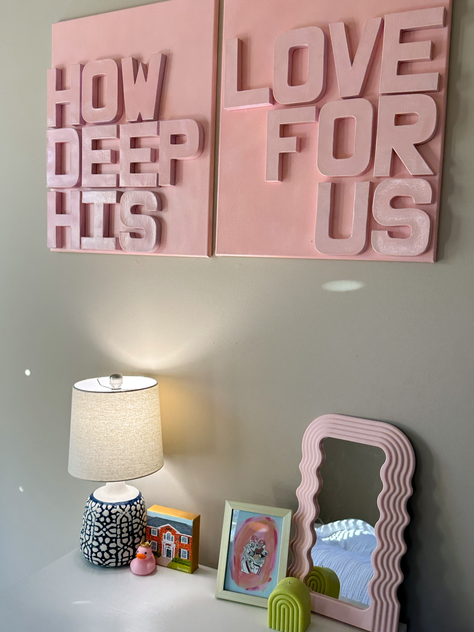 Little part of my bedroom 🌷🤍 - Wall decor is 2 canvas and letters are from JoAnns, simply spray painted each letter then hot glued them on :) such a cute idea ! 

#LTKhome #LTKU #LTKkids